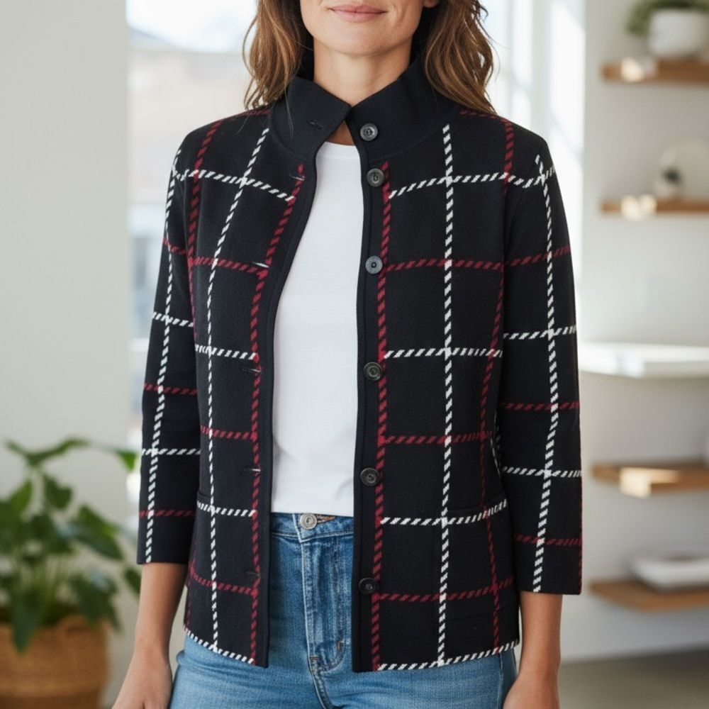 Talbots Women’s Plaid Sweater Cardigan Black Red and White Button Up Size Lg